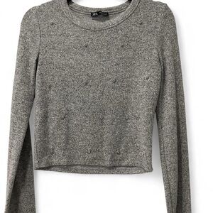 Women’s gray, soft-knit, cropped Zara sweater with embellishments size M